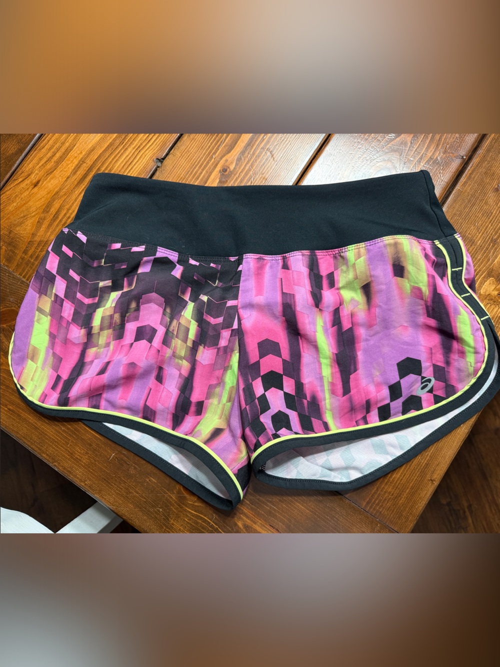 Asics Pink Purple Neon Green Geometric Women's Athletic Shorts